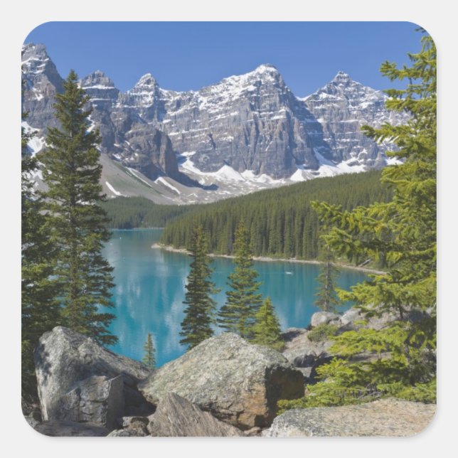 Moraine Lake, Canadian Rockies, Alberta, Kanada Quadratischer Aufkleber (Vorderseite)