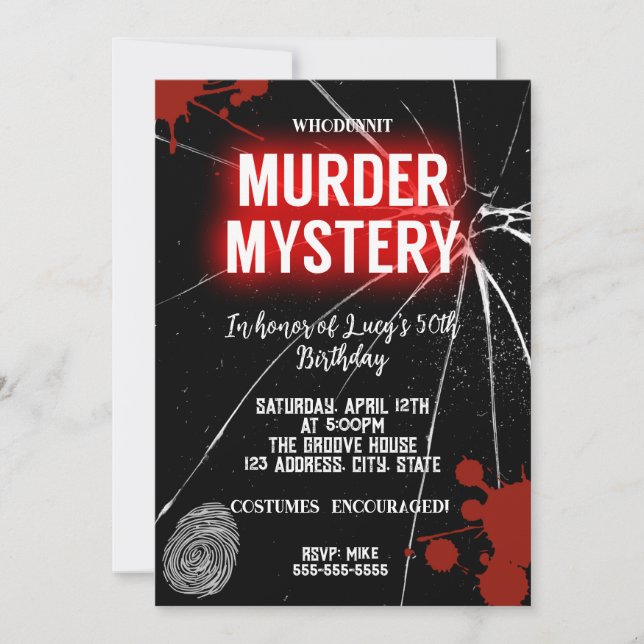 Mord an Whodunit mystery blutigen Party 40. 50. 60 Einladung (Vorderseite)