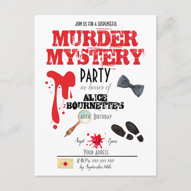 Mord Mystery Birthday Party Einladung Postkarte (Vorderseite)