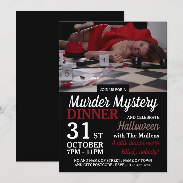 Mordszene, Mord-Mystery Halloween-Abendessen Einladung (Vorne/Hinten)