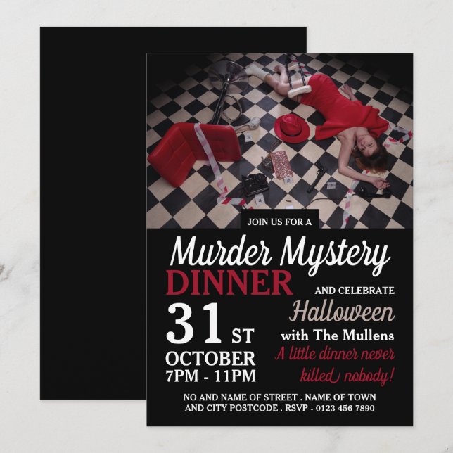 Mordszene, Mord-Mystery Halloween-Abendessen Einladung (Vorne/Hinten)