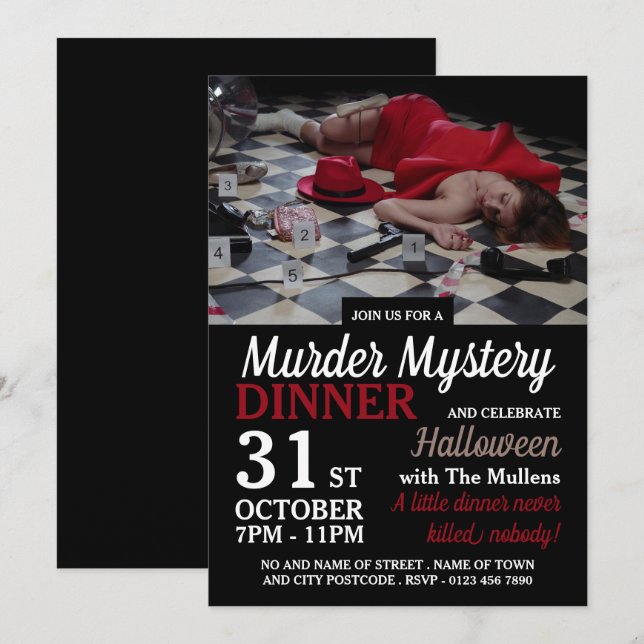 Mordszene, Mord-Mystery Halloween-Abendessen Einladung (Vorne/Hinten)