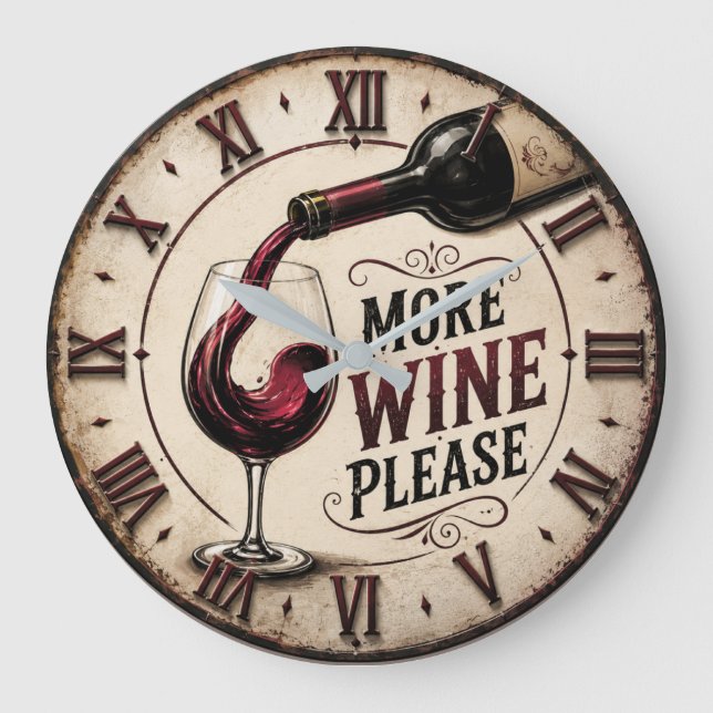 More Wine Please Rustic Vineyard Home Bar Große Wanduhr (Vorderseite)