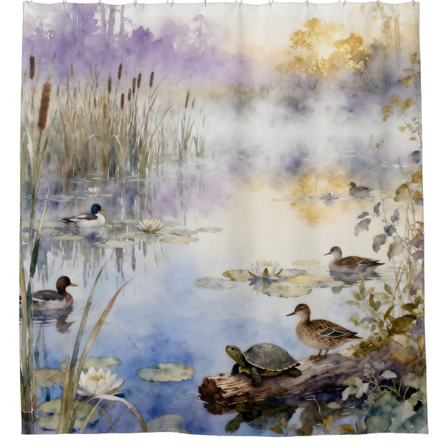 Morgen am Teich Duschvorhang (Vorderseite)
