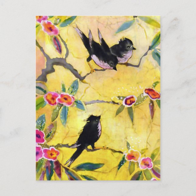 Morgenfarben: Vogelmalerei in Gelb und Rosa Postkarte (Vorderseite)