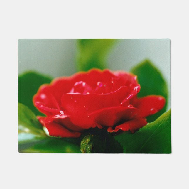 Morgengrauen rote Rose mit Taubstropfen Fußmatte (Vorderseite)