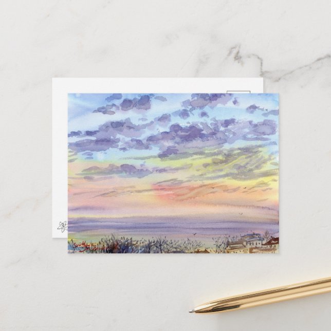 Morgenlandschaft mit Wasserfarben, Wolken und Meer Postkarte (Vorderseite/Rückseite Beispiel)
