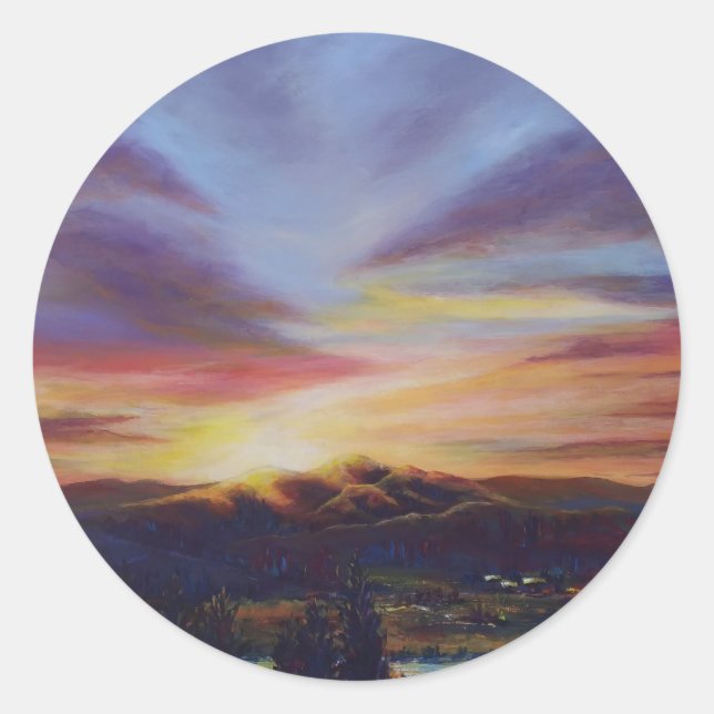 Morgenlicht, Sonnenaufgang über den Hügeln Runder Aufkleber (Vorderseite)