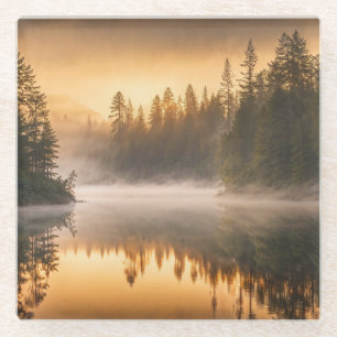 Morgennebel am Fluss in den Pinien Glasuntersetzer