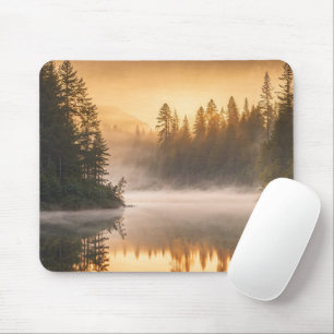 Morgennebel am Fluss in den Pinien Mousepad