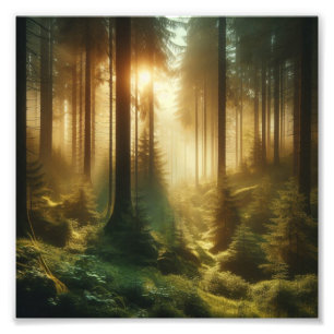 Morgennebel im stillen immergrünen Wald bei Sonnen Fotodruck