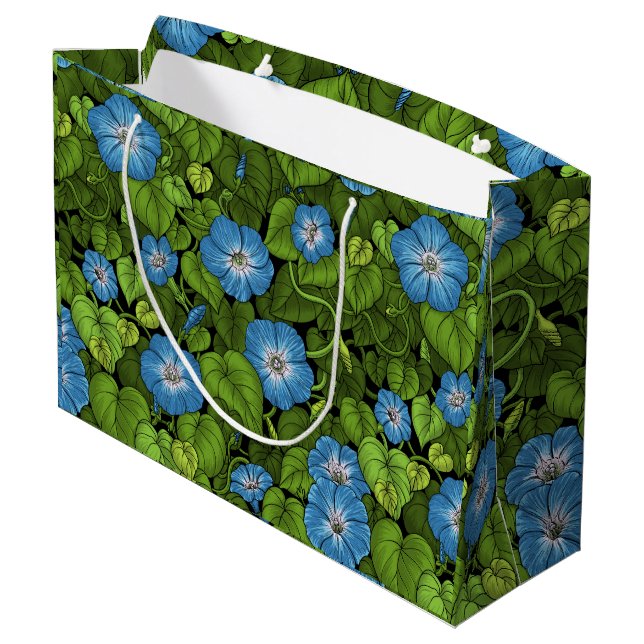 Morgenruhm in Blau und Grün Große Geschenktüte (Rückseite Schrägansicht)