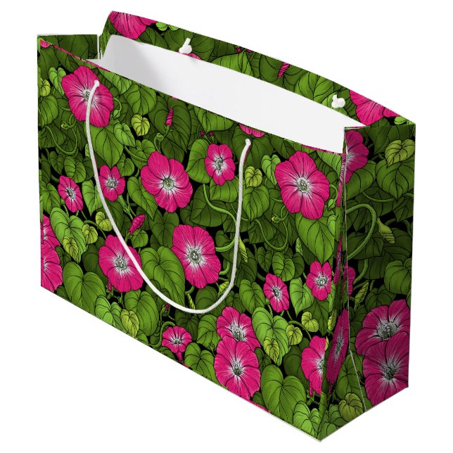 Morgenruhm in Rosa und Grün Große Geschenktüte (Rückseite Schrägansicht)