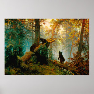 Morgens in einem Pinienwald Bären mit Cubs Shishki Poster