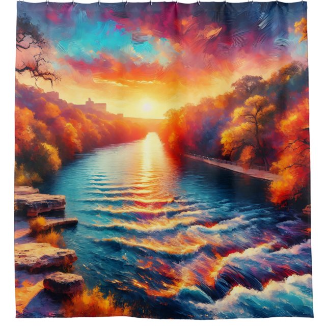 "Morgens ruhige Embrace: Comal River Sunrise" Duschvorhang (Vorderseite)