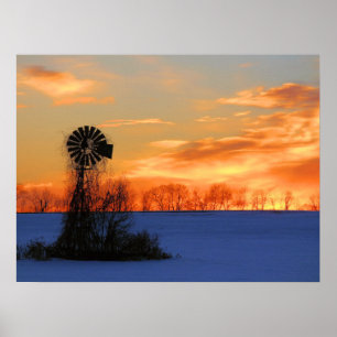 Morgens Sonnenaufgang mit Windmühle im Winter Poster