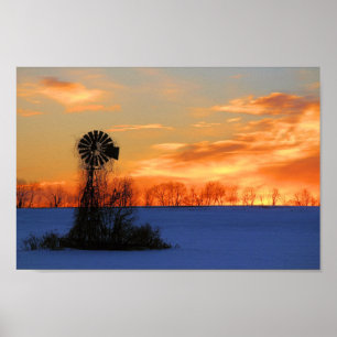 Morgens Sonnenaufgang mit Windmühle im Winter Poster