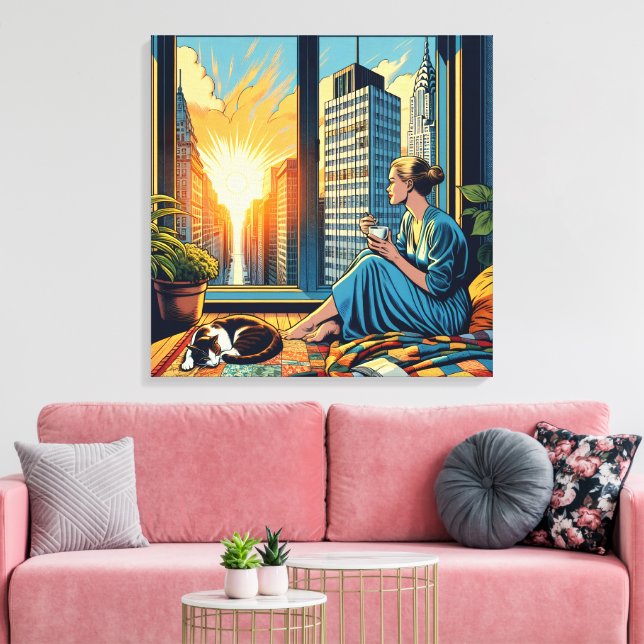 Morgenzeit in der Stadt | Reflektierende Frau Leinwanddruck (Insitu (Wohnzimmer))