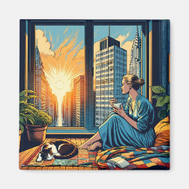 Morgenzeit in der Stadt | Reflektierende Frau Magnet