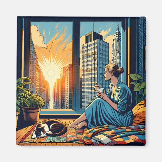 Morgenzeit in der Stadt | Reflektierende Frau Magnet (Vorne)