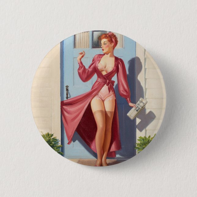 Morgenzeitung Pin-Up Mädchen Button (Vorderseite)