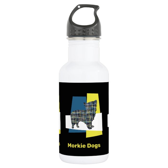 Morkie Dog Silhouette Gelb & Blau Grid Edelstahlflasche (Vorderseite)