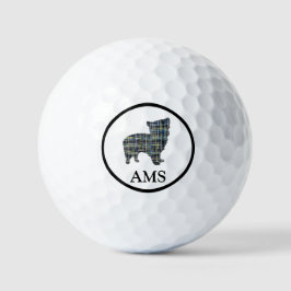 Morkie Dog Silhouette Gelb & Blau Grid Golfball