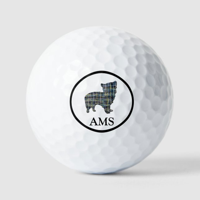 Morkie Dog Silhouette Gelb & Blau Grid Golfball (Vorderseite)
