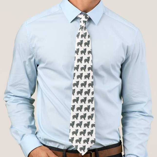 Morkie Dog Silhouette Gelb & Blau Weiße Krawatte (Morkie white tie with grid abstract dog breed silhouette )