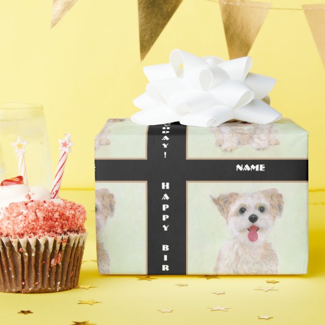 Morkie Dog wrapping Paper on Black with Text Geschenkpapier (Geburtstagsparty)