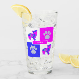 Morkie Silhouette Dog & Paw Pink und Blue Square Glas
