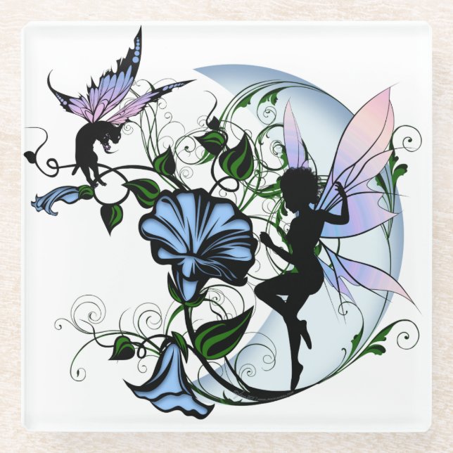 Morning Glory Shadow Fairy und kosmische Katze Glasuntersetzer (Vorderseite)