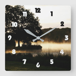 Morning Lake Scene Fat Numbers Wccer Quadratische Wanduhr