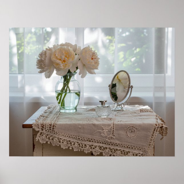 Morning Reverie on the Vanity – Soft Pastel Floral Poster (Vorne)