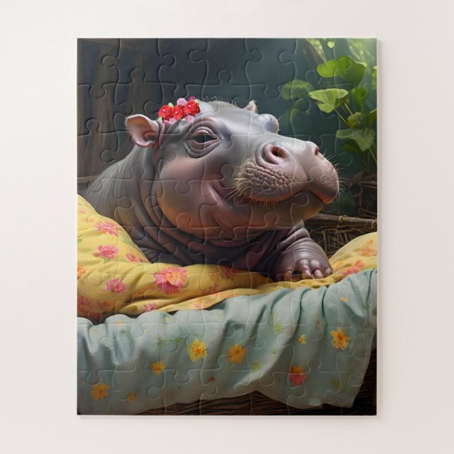 "Morning Snuggles: Baby Hippo Wecke in Basket, (Vertikal)