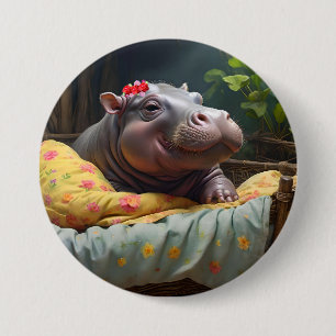 "Morning Snuggles: Baby Hippo Wecke in Basket, Button