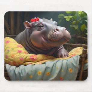 "Morning Snuggles: Baby Hippo Wecke in Basket, Mousepad
