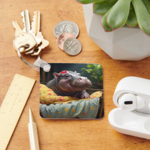 "Morning Snuggles: Baby Hippo Wecke in Basket, Schlüsselanhänger
