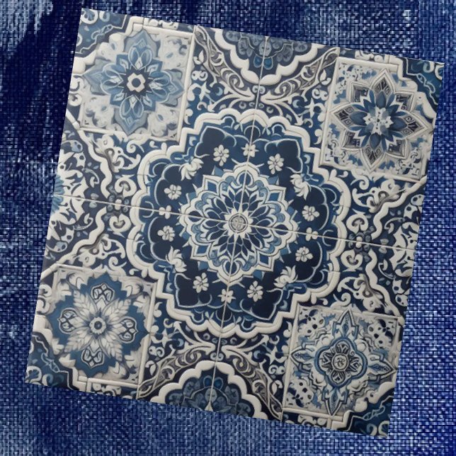 Moroccan Mediterranean Blue & White Tile Pattern Fliese (Von Creator hochgeladen)
