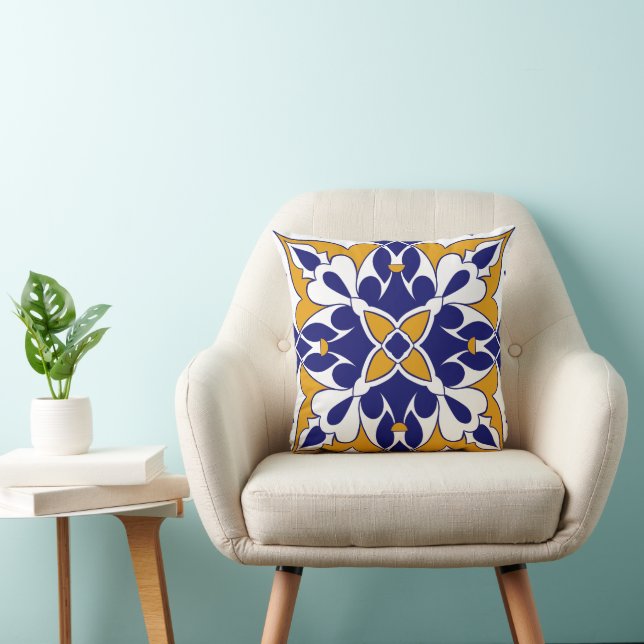 Morocco Square Tile Yellow Blue Bohemian Pattern Kissen (Stuhl )