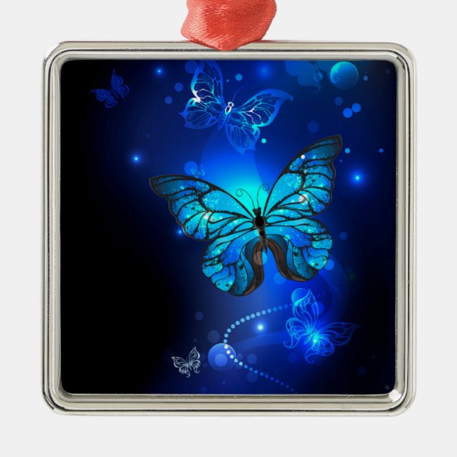 Morpho Butterfly in the Dark Background Ornament Aus Metall (Vorne)