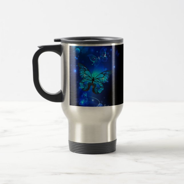 Morpho Butterfly in the Dark Background Reisebecher (Links)