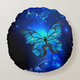 Morpho Butterfly in the Dark Background Rundes Kissen