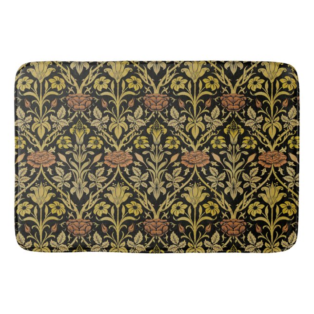 Morris Black Background Rose & Lily Blume Pattern Badematte (Vorderseite)