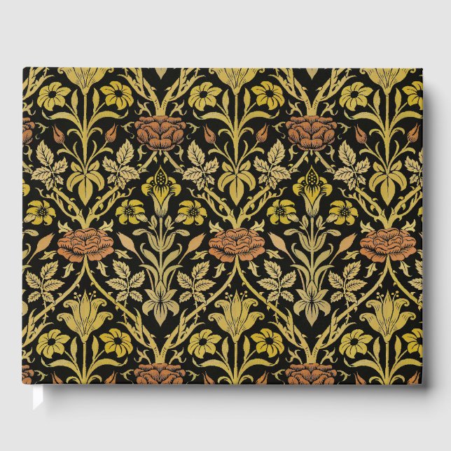 Morris Black Background Rose & Lily Blume Pattern Gästebuch (Vorderseite)