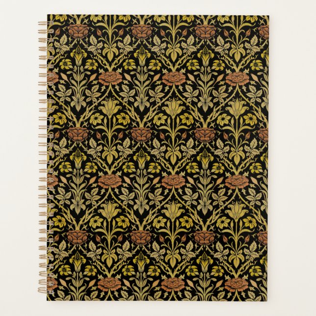 Morris Black Background Rose & Lily Blume Pattern Planer (Vorderseite)