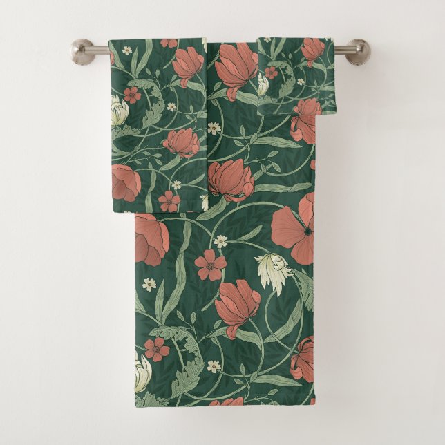 Morris Garden Green & Red Floral Badetuch Set (Insitu)