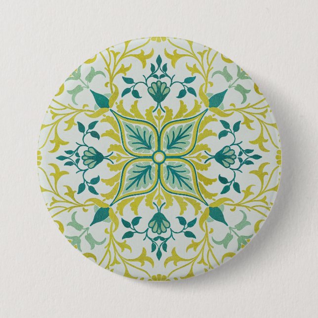 Morris Gelb Türkis Reben- und Blumenmuster Button (Vorderseite)