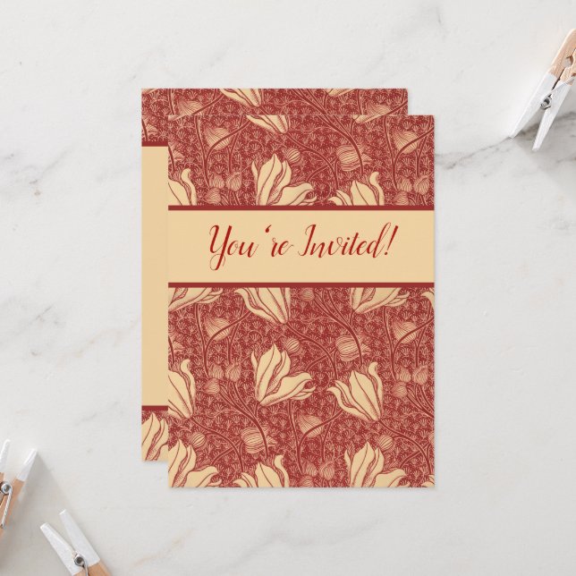 Morris Inspiriert Lily Blume Botanical Red Textile Einladung (Vorderseite/Rückseite Beispiel)