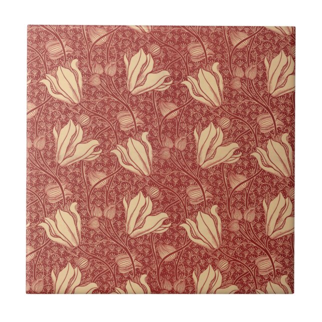 Morris Inspiriert Lily Blume Botanical Red Textile Fliese (Vorderseite)